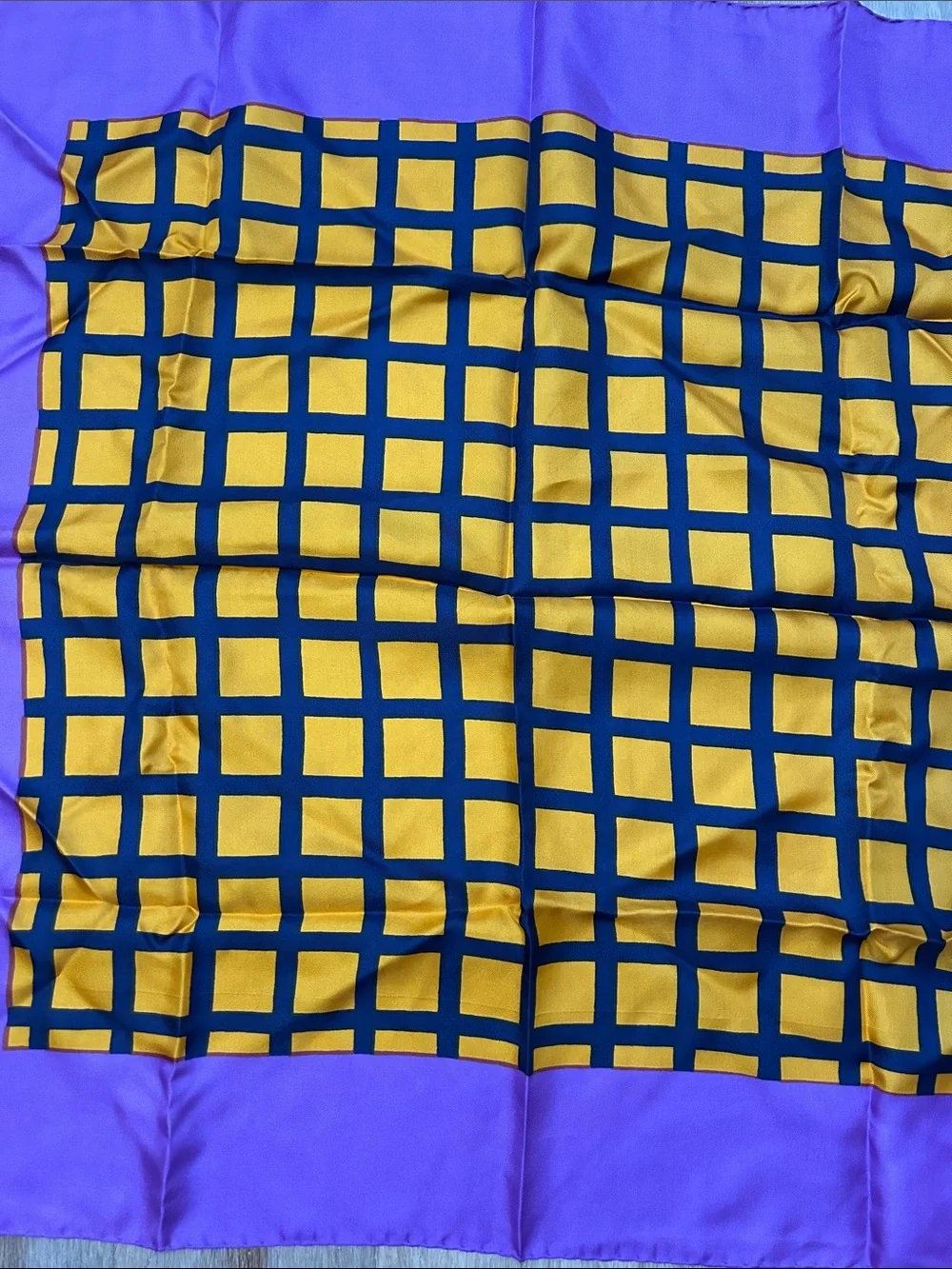 VTG Michel Swiss Purple and Yellow Grid Silk Scarf made in France square